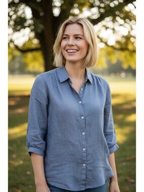 Sigrid Olsen Blue Linen Button Front Shirt Lightweight Relaxed Fit Size M